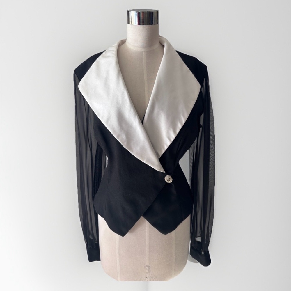 R&M Richards Black and White Wrap Tuxedo Blazer with Sheer‎ Sleeves & Rhinestone